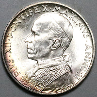 1940 Vatican City 5 Lire St Peter Boat Rome Mint GEM BU Silver Coin (24061503R)