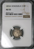 1893-A NGC AU 55 Venezuela  1/2 Bolivar Paris Mint Silver Coin (23100802C)