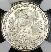 1929 NGC MS 64 Venezuela 1/2 Bolivar 50 Centimos Horse Silver Coin (25052902C)
