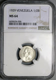 1929 NGC MS 64 Venezuela 1/2 Bolivar 50 Centimos Horse Silver Coin (25052902C)
