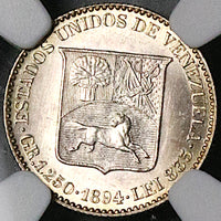 1894-A NGC MS 62 Venezuela 1/4 Bolivar 25 Centimos Horse Silver Coin (25052901C)
