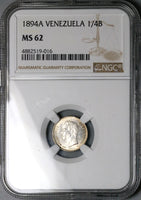 1894-A NGC MS 62 Venezuela 1/4 Bolivar 25 Centimos Horse Silver Coin (25052901C)