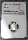 1894-A NGC MS 62 Venezuela 1/4 Bolivar 25 Centimos Horse Silver Coin (25052901C)