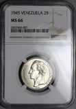 1945 NGC MS 66 Venezuela 2 Bolivares Horse Mint State Silver Coin Top POP 11/0 (26030301C)