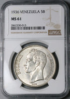 1936 NGC MS 61 Venezuela 5 Bolivares Silver 90% Mint State Crown Coin (24020603C)