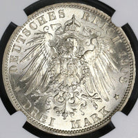 1908 NCG MS 64 Prussia Silver 3 Mark German State Coin (17111204CZ)