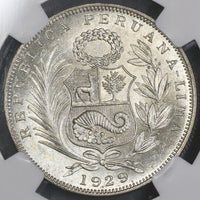 1929 NGC MS 64 PERU Silver 1/2 Sol Coin (17102204C)