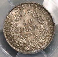 1871-A PCGS MS 64 FRANCE Silver 50 Centimes Coin (16071902D)