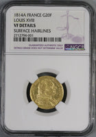 1814-A NGC VF FRANCE 20 Francs Louis XVIII GOLD Coin (17061803CZ)
