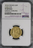 1814-A NGC VF FRANCE 20 Francs Louis XVIII GOLD Coin (17061803CZ)