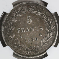 1830-A NGC VF 25 France Silver 5 Francs Scarce Raised Edge 417K Minted Louis Philippe I Coin (21091103C)