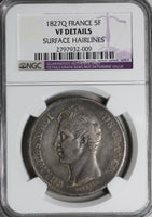 1827-Q NGC VF FRANCE Silver 5 francs RARE Perpignan Mint 484K Coin (18090808C)