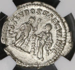 204 NGC XF Caracalla Roman Empire Denarius Bacchus Hercules Secular Games (21082601C)