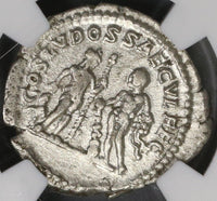 204 NGC XF Caracalla Roman Empire Denarius Bacchus Hercules Secular Games (21082601C)