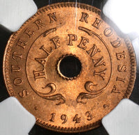 1943 NGC MS 65 RD Southern Rhodesia 1/2 Penny Full Red Coin (21091001C)