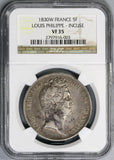1830-W NGC VF 35 France Silver 5 Francs Missing I Incuse Edge Silver Coin (21082103C)
