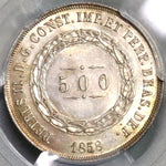 1858 PCGS MS 64 BRAZIL Silver 500 Reis Coin POP 3/2 (18092008C)