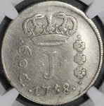 1758-R NGC Fine Brazil 600 Reis Rare Portugal Empire Silver Coin (21090302C)