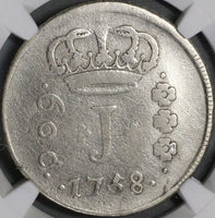 1758-R NGC Fine Brazil 600 Reis Rare Portugal Empire Silver Coin (21090302C)