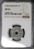 1940 NGC MS 64 LEBANON 1 Piastre Scarce Zinc Coin (17111001D)