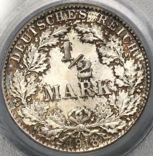1918-D PCGS MS 65 Germany 1/2 Mark Silver Coin (18090602C)