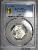1913 PCGS MS 64 SWITZERLAND Silver 1 Franc BU Swiss Coin (17102001CZ)