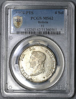 1856 PCGS MS 62 BOLIVIA Silver 4 Soles FLASHY Coin (18091401C)