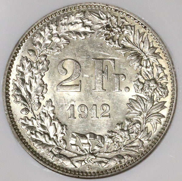 1912 NGC AU 55 SWITZERLAND Silver 2 Francs Scarce Date Coin POP 4/2  (17031003C)