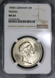 1908 NCG MS 64 Prussia Silver 3 Mark German State Coin (17111204CZ)