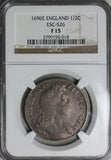 1696-E NGC F 15 Exeter Silver 1/2 Crown GREAT BRITAIN Coin POP 1/1 (18090203C)