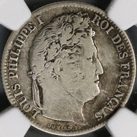 1833-T NGC Fine France 1 Franc Louis Philippe I Nantes SIlver Coin 31K Minted POP1/0 (21090304C)