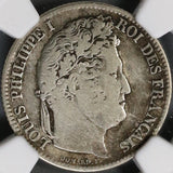 1833-T NGC Fine France 1 Franc Louis Philippe I Nantes SIlver Coin 31K Minted POP1/0 (21090304C)