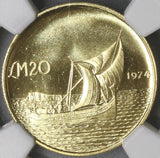 1974 NGC MS 66 MALTA Gold 20 Pounds Gozo Boat Coin 9K Minted (19071101CZ)