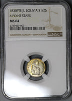 1830 NGC MS 64 BOLIVIA Silver 1/2 Sol Toned Bolivar Coin (17101101D)