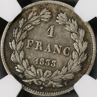 1833-T NGC Fine France 1 Franc Louis Philippe I Nantes SIlver Coin 31K Minted POP1/0 (21090304C)