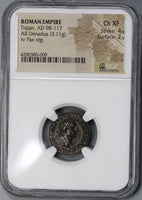 98/99 NGC Ch XF Trajan Denarius Pax Early Nerva Portrait Style (17082304CZ)