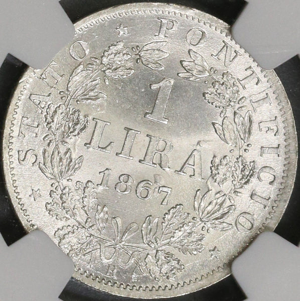 1867-M NGC MS 65 Papal States Silver 1 Lira Italy Coin POP 3/0 (18012001D)