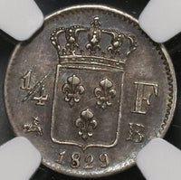 1829-B NGC AU 50 France Charles X Silver 1/4 Franc 32K Rouen Coin (210828704C)