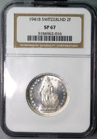 1941 NGC SP 67 Switzerland 2 Francs Specimen BU Silver Coin POP 6/0 (18092204C)