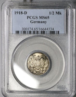 1918-D PCGS MS 65 Germany 1/2 Mark Silver Coin (18090602C)