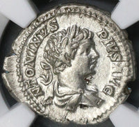 204 NGC XF Caracalla Roman Empire Denarius Bacchus Hercules Secular Games (21082601C)