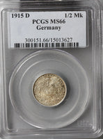1915-D PCGS MS 66 GERMANY Silver 1/2 Mark WWI Kaiser Reich Coin (18081202C)