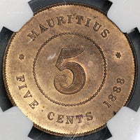 1888 NGC MS 64 RB Mauritius 5 Cents Victoria Britain Empire Coin (21082702C)