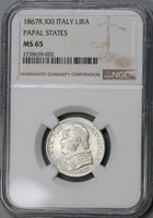 1867-M NGC MS 65 Papal States Silver 1 Lira Italy Coin POP 3/0 (18012001D)