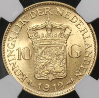 1912 NGC MS 64 Netherlands Gold 10 Gulden Wilhelmina Coin (17101905C)