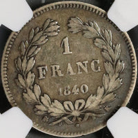 1840-K NGC VG 10 France 1 Franc Louis Philippe I Bordeaux SIlver Coin 48K POP 1/0 (21090305C)