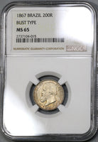 1867 NGC MS 65  BRAZIL Silver 200 Reis Golden Tone Coin (18040301D)