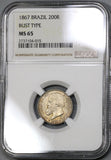 1867 NGC MS 65  BRAZIL Silver 200 Reis Golden Tone Coin (18040301D)