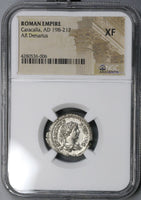 204 NGC XF Caracalla Roman Empire Denarius Bacchus Hercules Secular Games (21082601C)