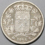 1824-K France 1 Franc Louis XVIII Bordeaux Mint Silver Coin (21060505R)